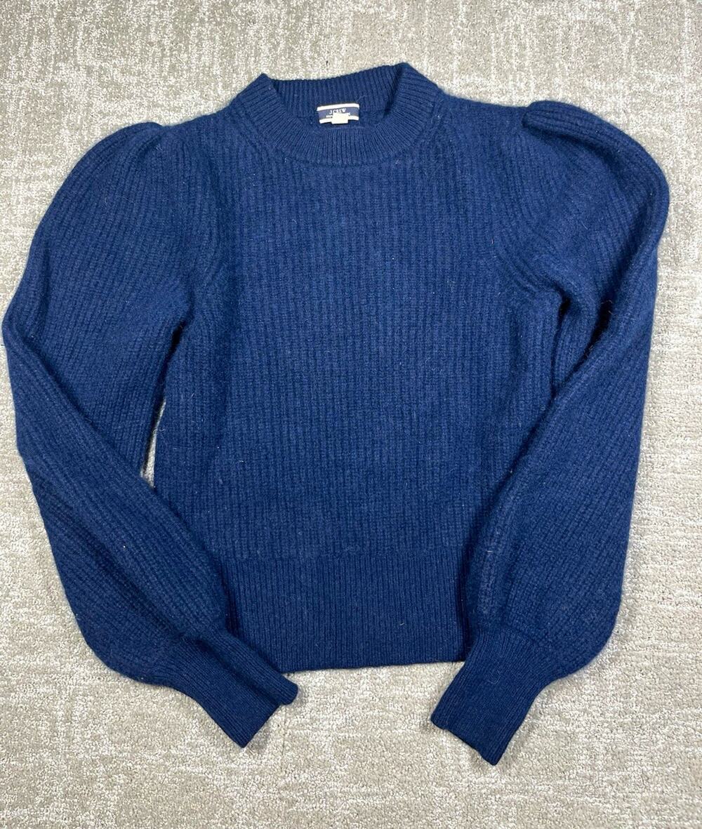 J.CREW 100% Cashmere Ribbed Knit Puff Sleeve Crewneck Sweater Blue Size S